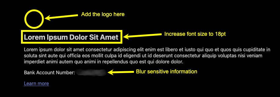 Close-up of annotations drawn in the editor: a circle, arrows with text labels, a rectangle outlining a heading, and a blurred bank account number.