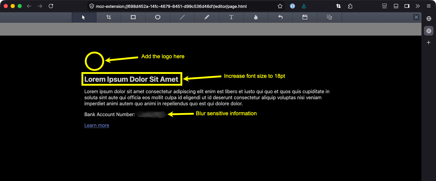 The Easy Screenshot Plus editor open in a Firefox tab. The captured page is marked up with a circle and an arrow labeled “Add the logo here”, a rectangle around the heading with an arrow labeled “Increase font size to 18pt”, and a blurred bank account number with an arrow labeled “Blur sensitive information”.