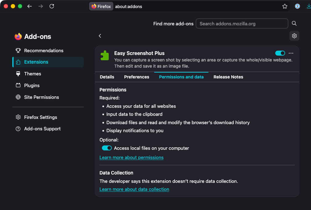 The Permissions and data tab for Easy Screenshot Plus in Firefox's Add-ons Manager. Under Optional, the switch labeled “Access local files on your computer” is turned on.