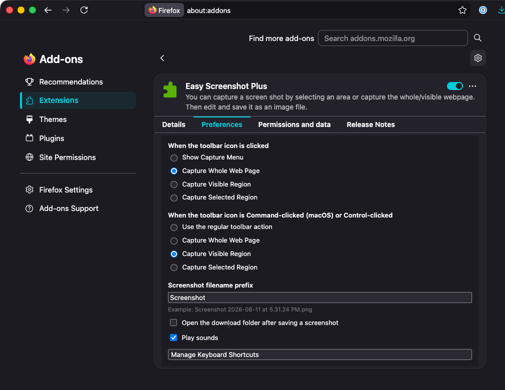 The Easy Screenshot Plus settings page in Firefox's Add-ons Manager, showing the toolbar click options, modifier-click options, filename prefix, download folder and sound checkboxes, and the Manage Keyboard Shortcuts button.